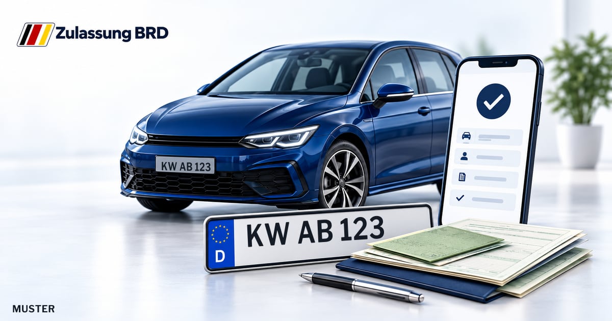 Online Fahrzeugzulassung in Schönefeld: Musterkennzeichen KW AB 123, Auto und Fahrzeugpapiere und Smartphone. Illustration mit Logo von Zulassung BRD.